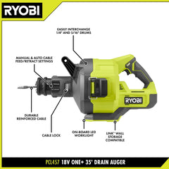 ONE+ 18V Cordless Drain Auger, Drain Clog Remover Tool w 35 ft Cable, LED Light, Cable Lock, Removable Drum (Tool Only)