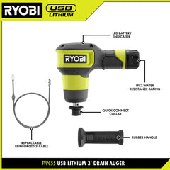 USB Lithium Cordless Drain Auger with 2.0 Ah USB Lithium Battery and Charging Cable