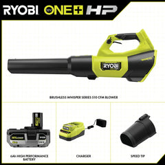 18V ONE+ HP Brushless WHISPER SERIES 510 CFM 130 MPH Battery Leaf Blower, 6.0 Ah Battery, Charger