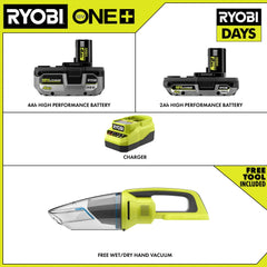 18V ONE+ 4Ah & 2Ah LITHIUM HIGH PERFORMANCE STARTER KIT WITH FREE 18V ONE+ WET/DRY HAND VACUUM