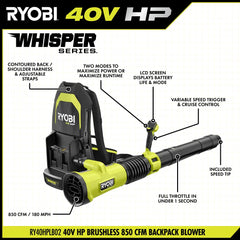 40V HP Brushless 850 CFM Backpack Blower Kit