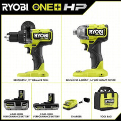 18V ONE+ HP BRUSHLESS CORDLESS 2-TOOL HAMMER DRILL / DRIVER, IMPACT DRIVER, 4.0 Ah, 2.0 Ah BATTERY, CHARGER, AND BAG